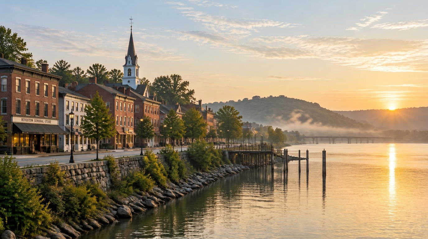 A small riverfront town at sunrise, brick buildings along the water